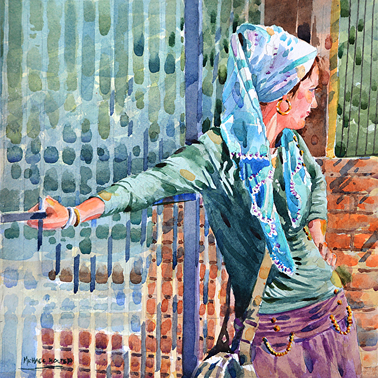 Gypsy at the Gate by Michael Holter NWS Watercolor ~ 13 x 13