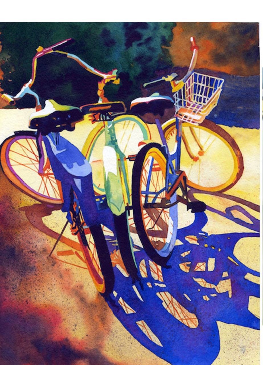 Watermedia painting by A. Abgott of bicycles with dramatic shadows, in yellows and purples