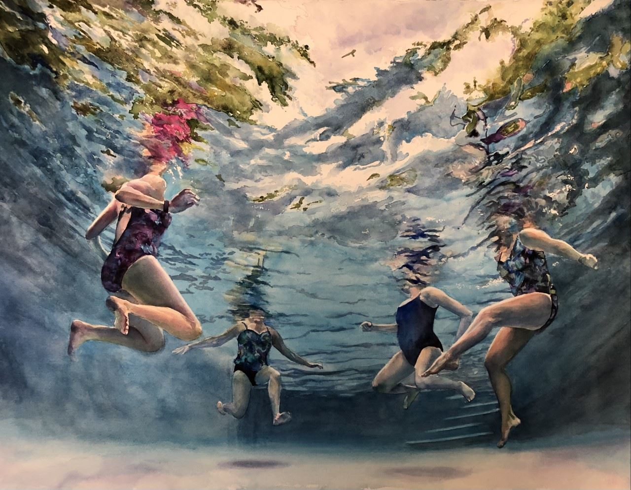 Watermedia painting by S. Levy, view from below the surface of a pool of women's legs treading water
