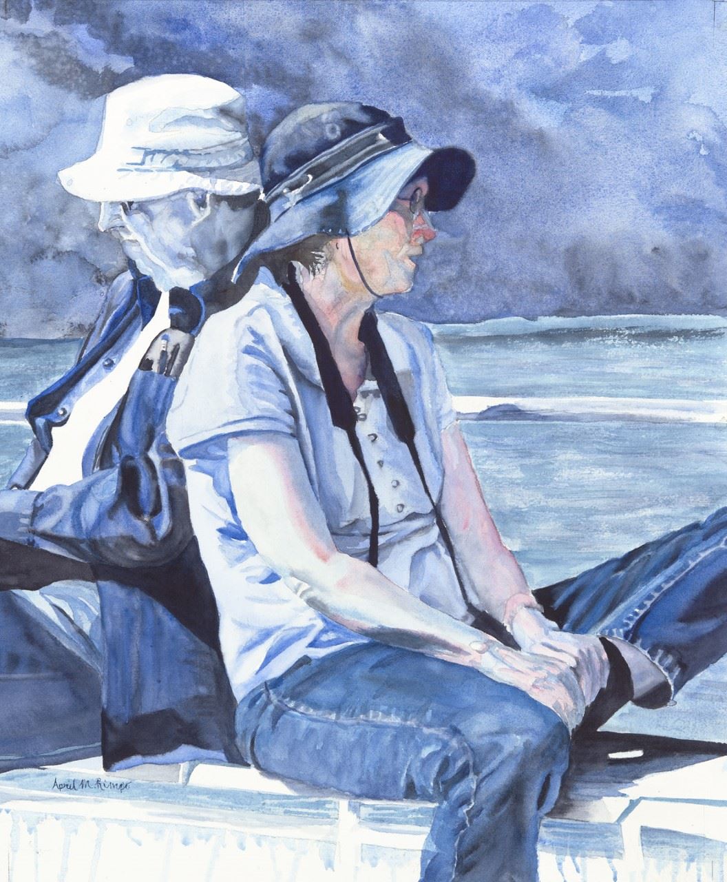 Watermedia painting by A. Rimpo, a woman in a hat on the beach, back to back with a man. The man is painted in shades of blue and appears faded.
