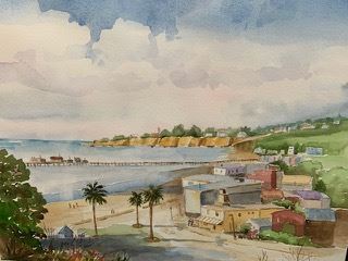 Watermedia painting of a beach landscape with old buildings and big clouds