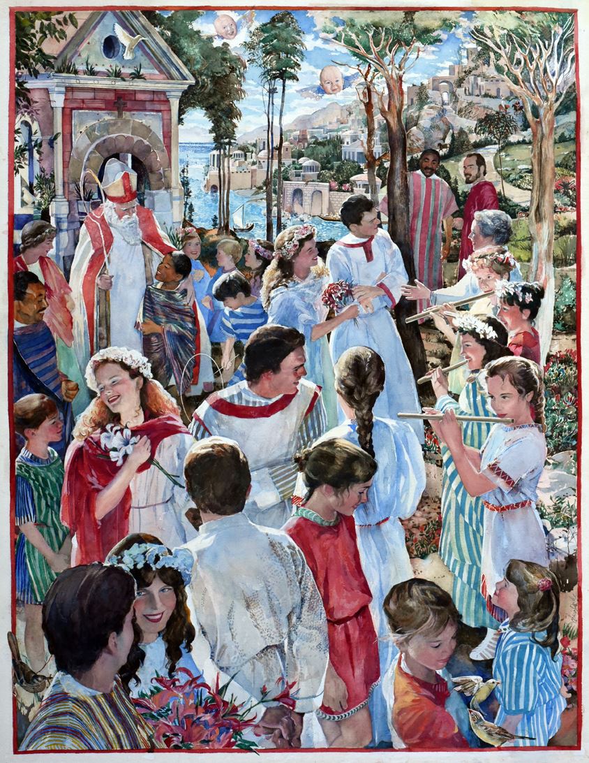 The watermedia painting "St. Nicholas and the Wedding of the Three Sisters" by Christine Duke, showing a crowded wedding scene