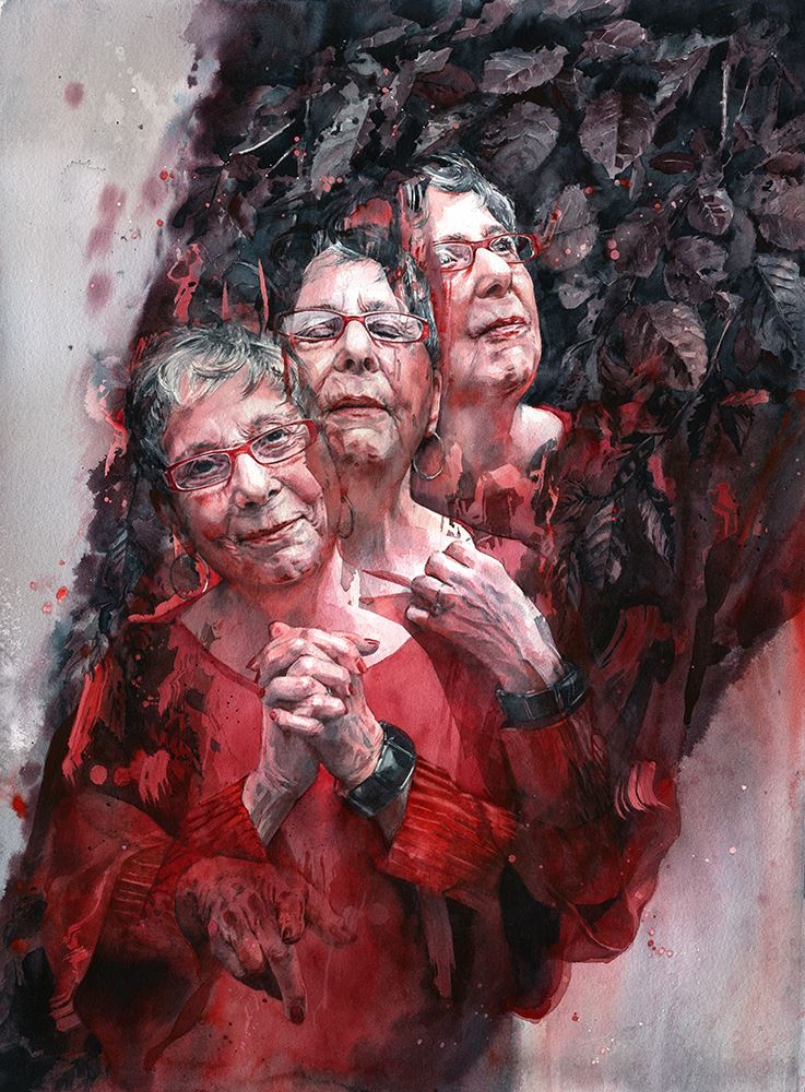 Watermedia painting by J. Barnum, three different views of the same subject, a woman with red shirt and glasses, surrounded by abstract leaves.