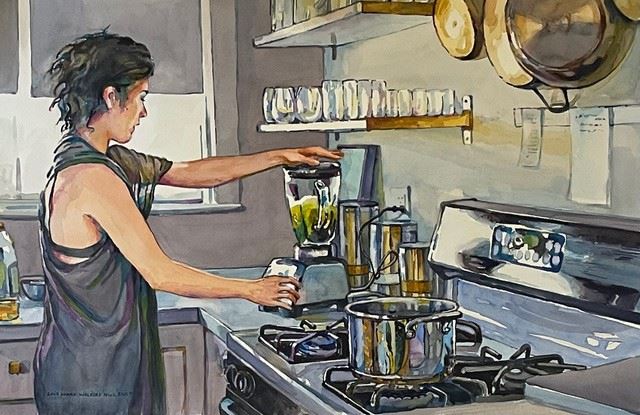 Watermedia painting by L. Wolford, scene of a person in a kitchen making a green smoothie in a blender