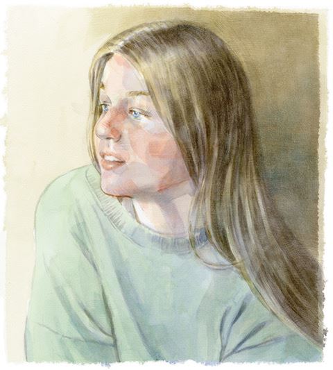 "Daydreamer" by Matsick, a watermedia painting of a young person with long hair looking to one side with a pensive expression and high key palette.