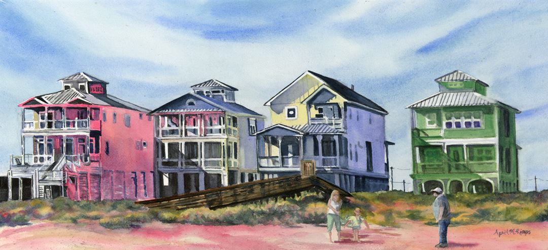 The watermedia painting "Beach Vacation" by April Rimpo, four colorful beachfront houses with three figures.
