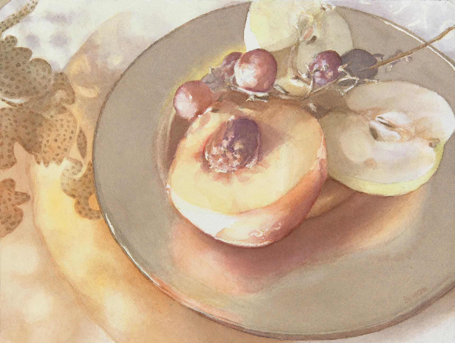 Watermedia painting by D. Keane, fruit on a golden plate in soft warm tones