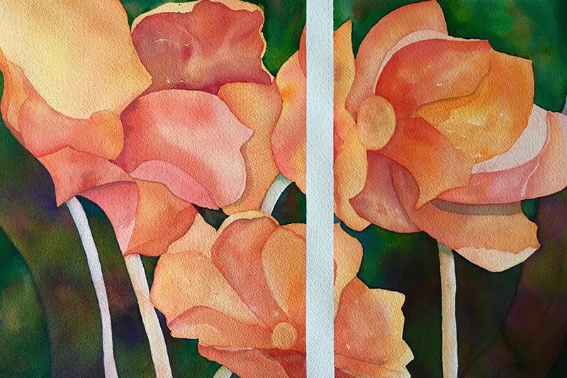 Watermedia painting by Dilian Deal, a diptych of orange flowers on a green background in a graphic style