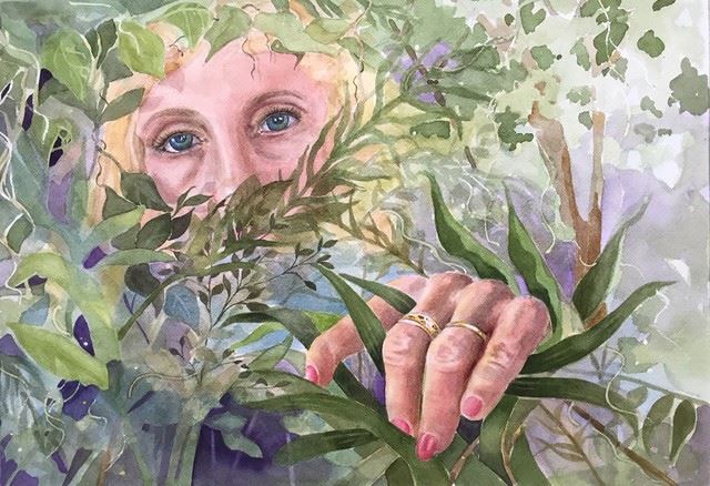 Watermedia painting by Sinikka Benson, a person peeping through intricate foliage, eyes and hand with rings visible