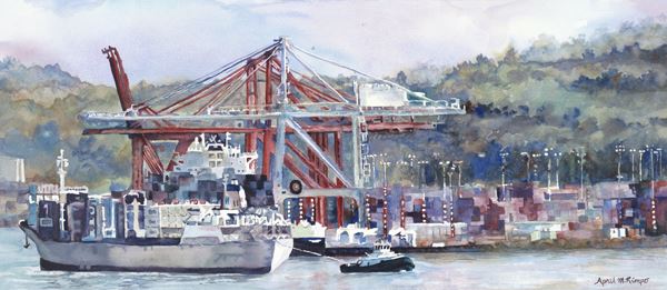 Watermedia painting by A. Rimpo, a scene of a shipping port with a large red crane, a large boat with shipping containers, a tug boat, and a shore full of shipping containers, in a wide horizontal format