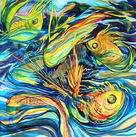 Watermedia painting by D. Marta, expressive gold and orange fish surrounded by swirls in blue and green.