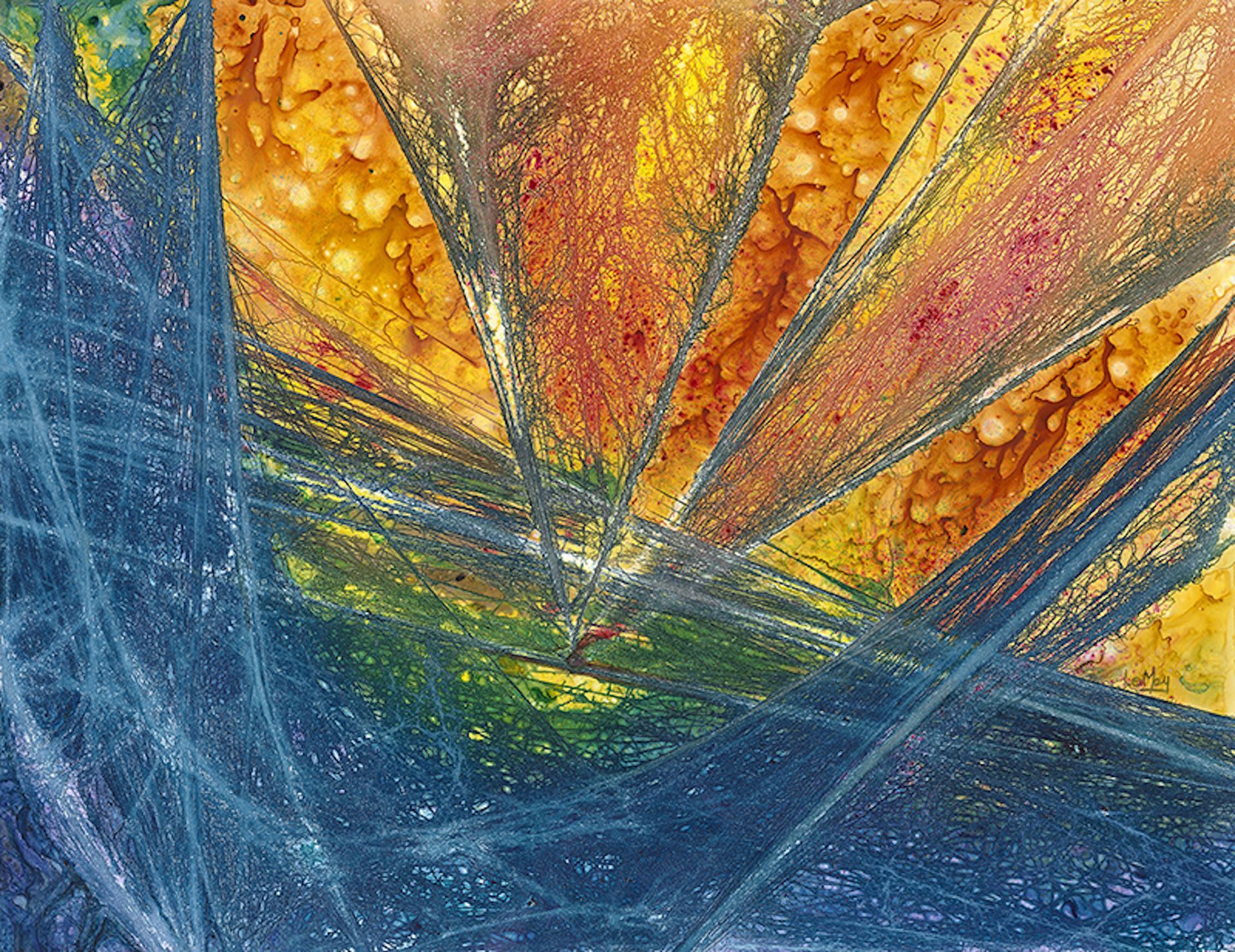 Abstract watermedia painting with dynamic threadlike lines in blue and green with textured yellow and orange background