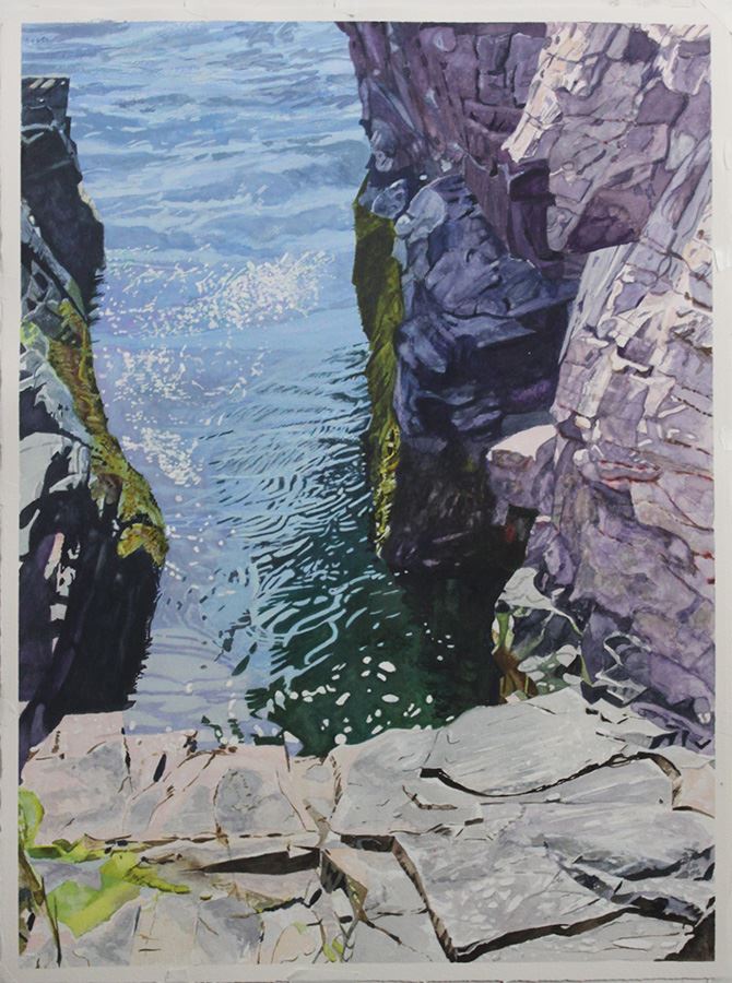 Watermedia painting by D. Outhwaite, a view from above of sheer rocks surrounding green and blue water rippled water reflecting light
