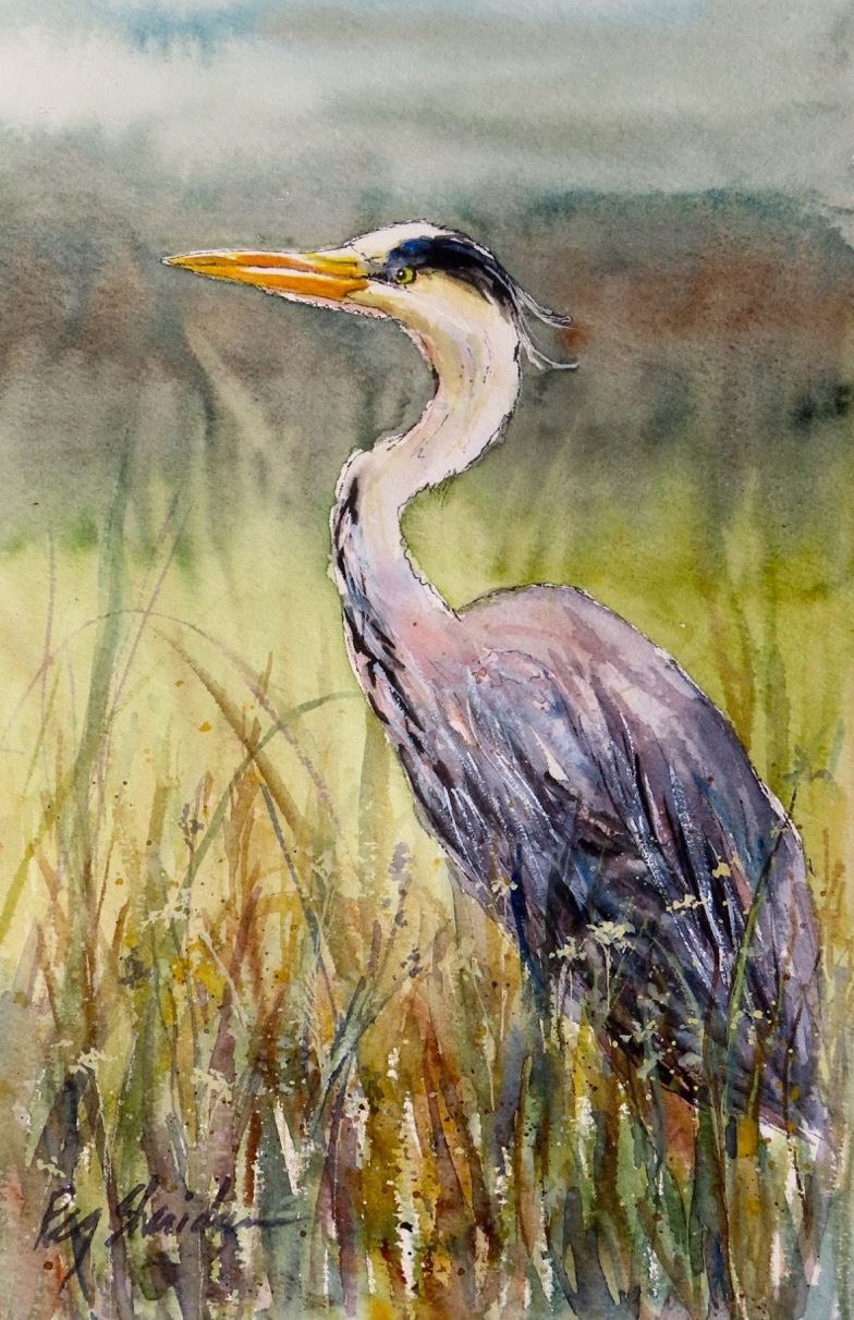 Painting by Peg Sheridan in watercolor of a great blue heron